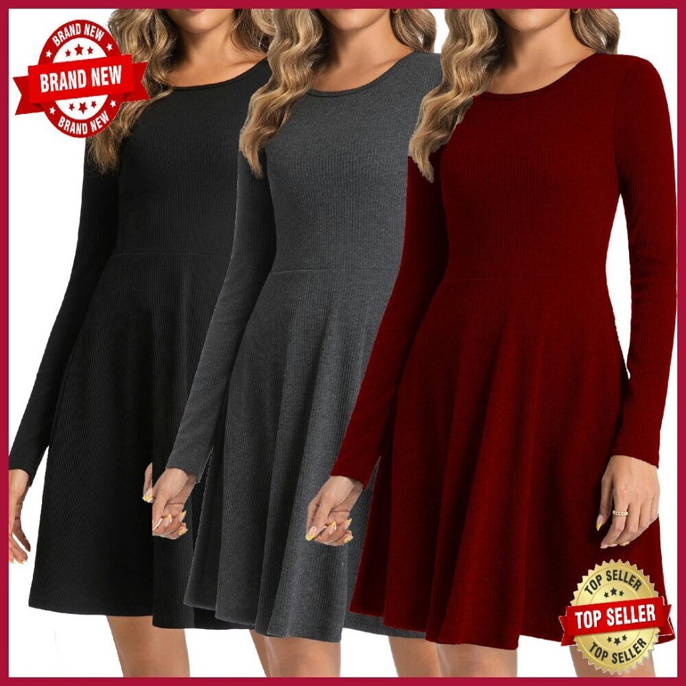 Long Sleeve Ribbed Knit A-Line Dress, Elastic Waist, Flowy Casual Winter